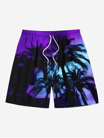 Plus Size Coconut Tree Ombre Sky Print Hawaii Drawstring Beach Shorts For Men - PURPLE - L