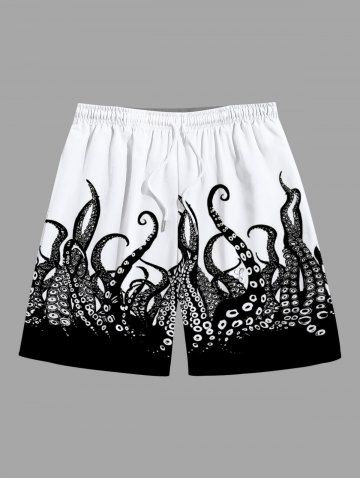 Plus Size Octopus Colorblock Print Hawaii Beach Shorts For Men - BLACK - 2XL