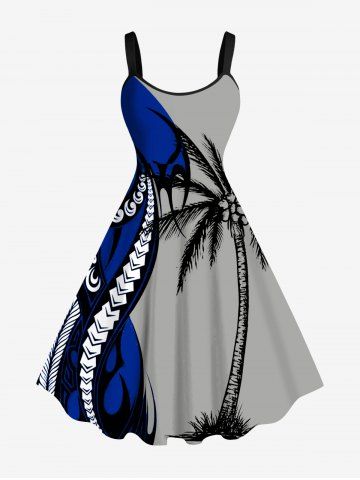 Plus Size Coconut Tree Octopus Colorblock Print Hawaii Tank Dress - LIGHT GRAY - 6X