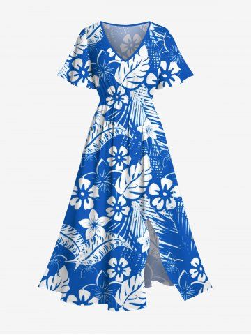 Plus Size Tropical Flowers Leaf Print Split Hawaii Midi Dress - BLUE - L