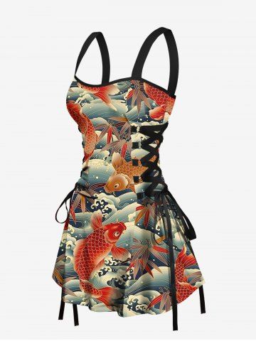 Fish Sea Waves Leaf Print Lace Up Hawaii Tank Dress - RED - XXXL