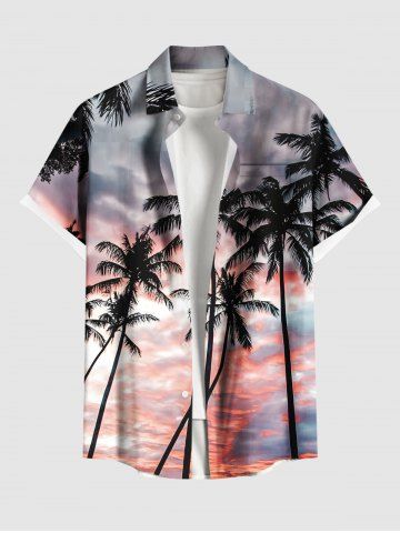 Plus Size Coconut Tree Cloud Ombre Dusk Print Hawaii Button Pocket Shirt For Men - LIGHT PINK - L