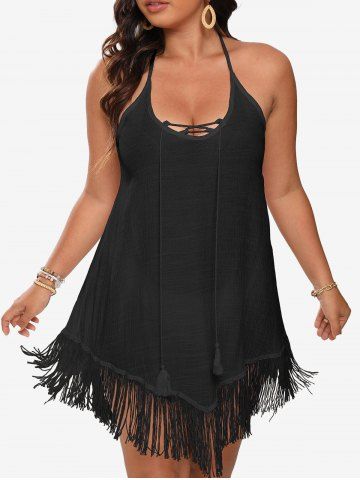 Plus Size Lace Up Braided Tassel Trim Solid Semi-sheer Halter Backless Peplum Beach Cover Up - BLACK - S