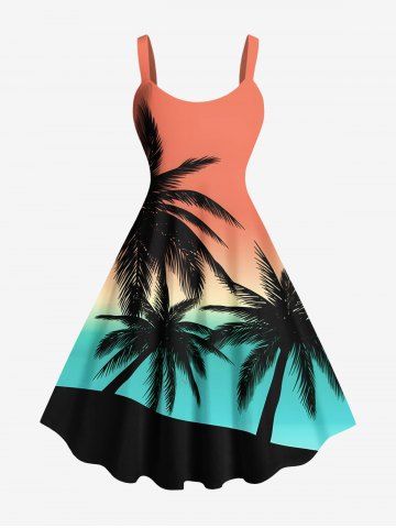 Robe Ligne A Ombrée Cocotier et Soleil Imprimés de Grande Taille - RED - 6X