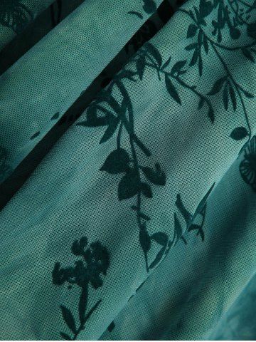 Butterfly Flowers Leaf Flocking Ruched Surplice Lace Up Asymmetrical Tank Top and Skinny Leggings Plus Size Outfit