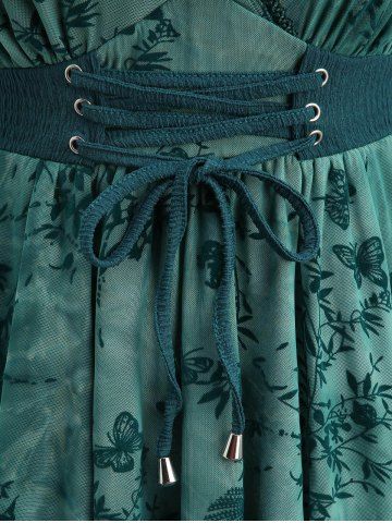 Butterfly Flowers Leaf Flocking Ruched Surplice Lace Up Asymmetrical Tank Top and Skinny Leggings Plus Size Outfit