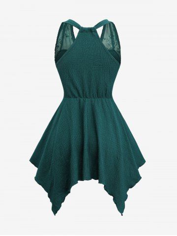 Butterfly Flowers Leaf Flocking Ruched Surplice Lace Up Asymmetrical Tank Top and Skinny Leggings Plus Size Outfit