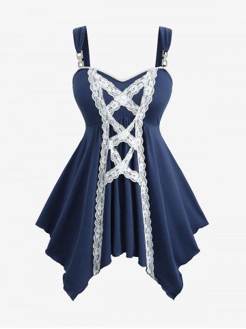 Plus Size Lace Trim Lace-up Two Tone Handkerchief Buckle Tank Top - BLUE - M | US 10