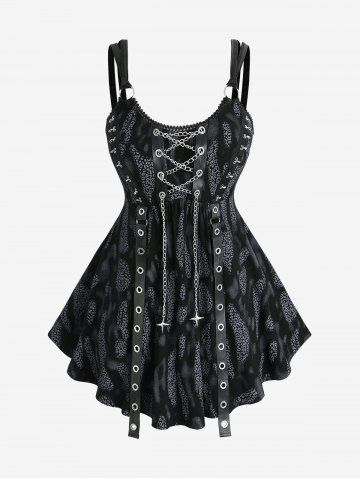 Plus Size Leopard Print Lace Trim Grommets Chains Lace-up Tank Top - BLACK - 3X | US 22-24