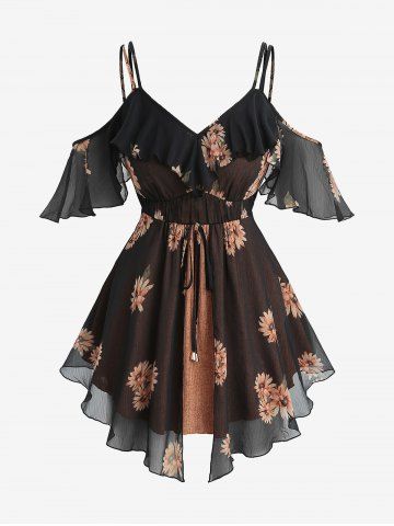 Plus Size Sunflowers Print Ruffles Cover Cold Shoulder Blouse - COFFEE - 2X | US 18-20