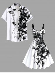Two Tone Hibiscus Flower Leaf Print Plus Size Matching Hawaii Beach Outfit For Couples -  