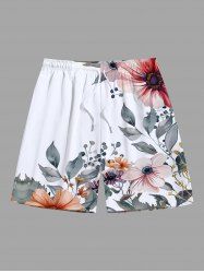 Short de Plage de Grande Taille Imprimé de Feuilles de Fleurs - Blanc L