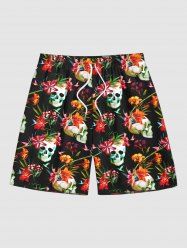 Short de Plage Hawaïen Fleurs Tropicales Imprimé Crâne Grande Taille pour Homme - Noir 8XL