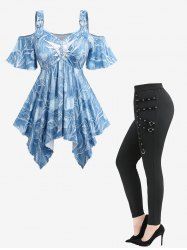 Ripped Braided Flower Print Asymmetric Ombre Top and Straps Grommet Skinny Leggings Plus Size Outfit -  