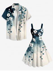 Tenue de plage hawaïenne assortie grande taille, motif aquarelle, motif branches de fleurs, encre ombrée, pour couples - Bleu 