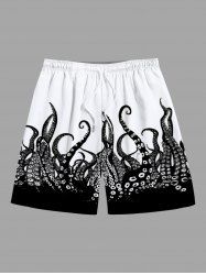 Short de Plage Hawaïen en Blocs de Couleurs Pieuvre Imprimée de Grande Taille pour Homme - Noir 7XL