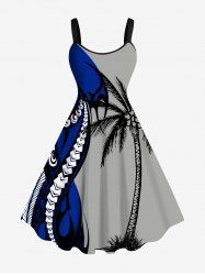 Plus Size Coconut Tree Octopus Colorblock Print Hawaii Tank Dress -  
