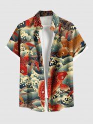 Plus Size Fish Sea Waves Leaf Print Buttons Pocket Hawaii Shirt For Men -  