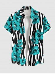 Plus Size Floral Zebra Striped Print Hawaii Button Pocket Shirt For Men -  