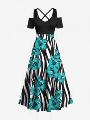 Plus Size Floral Zebra Striped Print Hawaii Cold Shoulder Crisscross A Line Maxi Dress -  