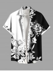 Plus Size Rose Flower Leaf Two Tone Print Hawaii Buttons Pocket Shirt For Men -  