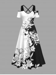 Plus Size Rose Flower Leaf Two Tone Print Hawaii Cold Shoulder Crisscross A Line Maxi Dress -  