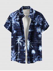 Plus Size Coconut Tree Sea Print Hawaii Button Pocket Shirt For Men -  