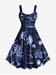 Robe Débardeur Hawaïen Ligne A Arbre Noix de Coco et Océan Imprimés de Grande Taille - Bleu S