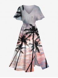 Plus Size Coconut Tree Cloud Ombre Dusk Print Hawaii Split Pocket A Line Midi Dress -  