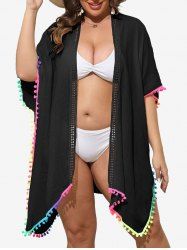 Plus Size Colorful Ombre Tassel Pom Pom Decor Trim Split Side Solid Semi-sheer Beach Cover -  