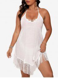 Plus Size Lace Up Braided Tassel Trim Solid Semi-sheer Halter Backless Peplum Beach Cover Up -  