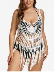 Plus Size Hollow Out Crochet Tassel Solid Beach Cover Up -  