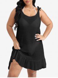 Plus Size Cut Out Panel Back Tied Semi-Sheer Ruffles Solid Beach Cover -  