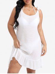 Plus Size Cut Out Panel Back Tied Semi-Sheer Ruffles Solid Beach Cover -  
