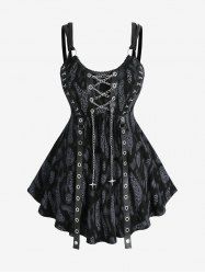 Plus Size Leopard Print Lace Trim Grommets Chains Lace-up Tank Top -  