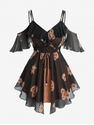 Plus Size Sunflowers Print Ruffles Cover Cold Shoulder Blouse -  