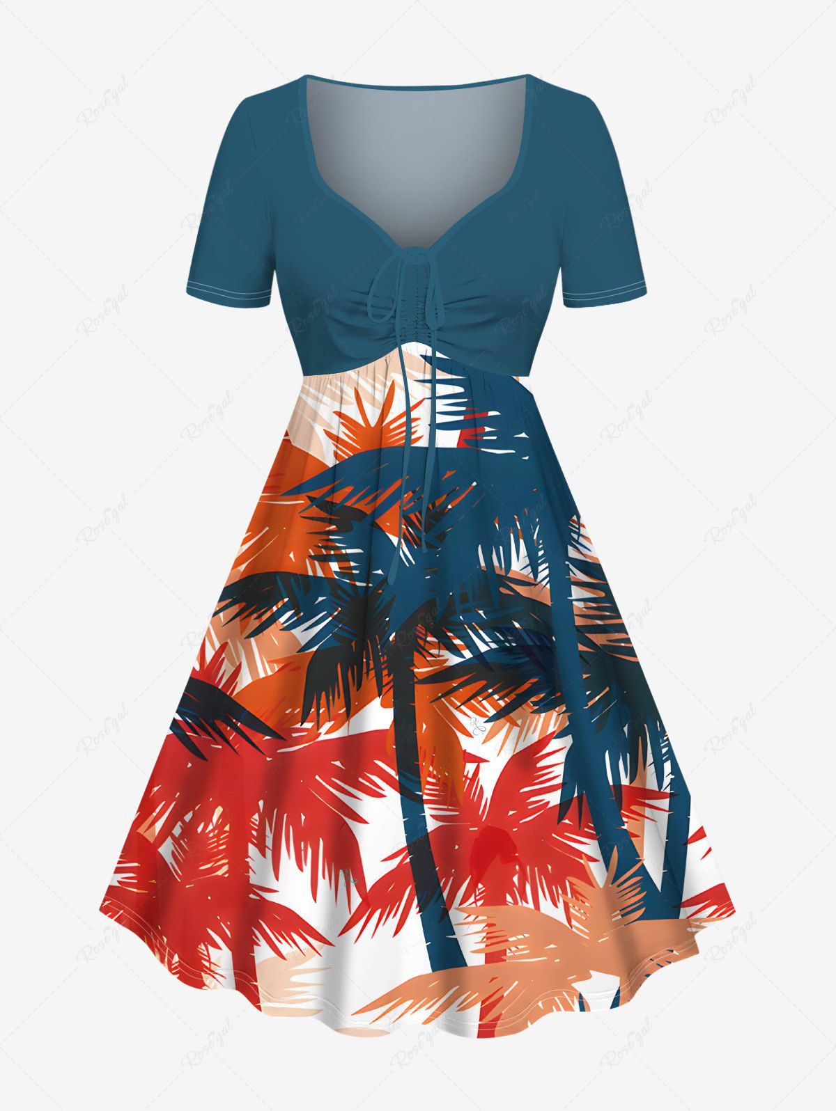 Buy Plus Size Coconut Tree Print Hawaii Cinched Dress  
