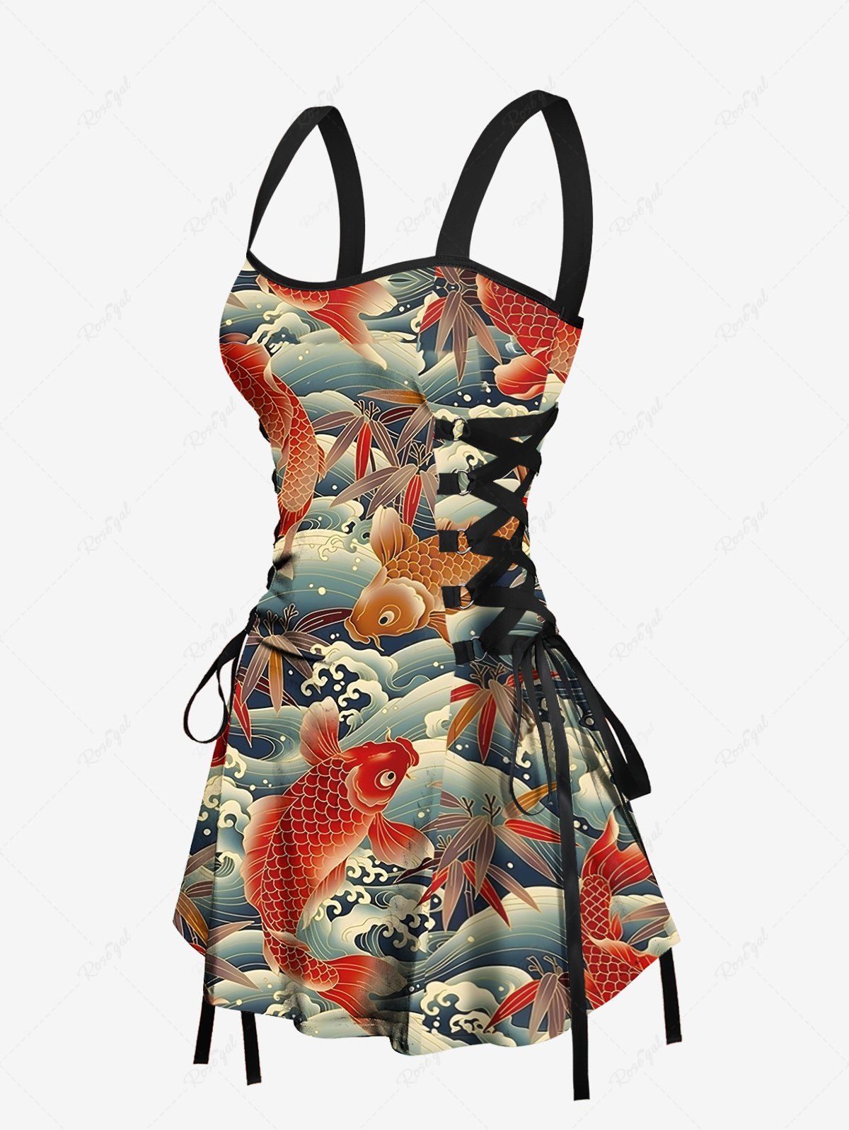 Online Fish Sea Waves Leaf Print Lace Up Hawaii Tank Dress  