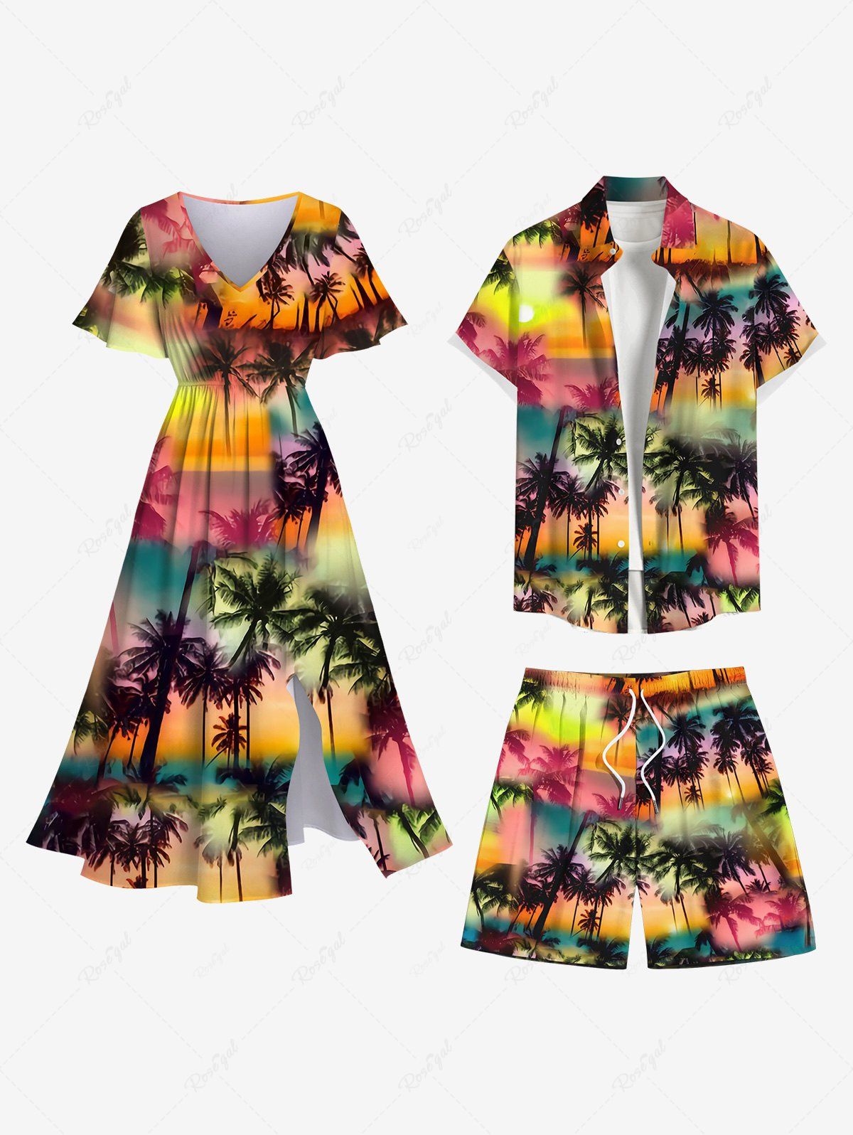 Unique Ombre Galaxy Sun Coconut Tree Print Plus Size Matching Hawaii Beach Outfit For Couples  