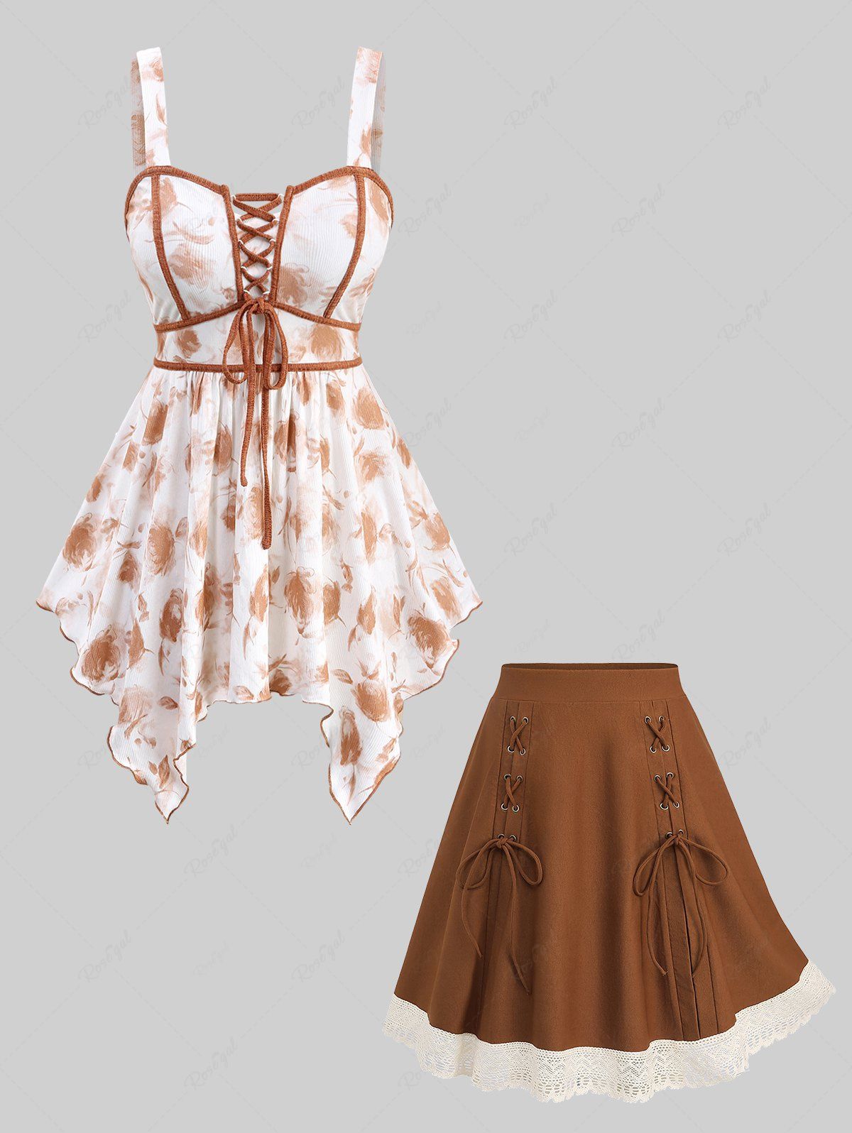 Cheap Ombre Flower Print Lace Up Handkerchief Top and Ethnic Crochet Hollow Out Trim Patchwork Skirt Plus Size Outfit  