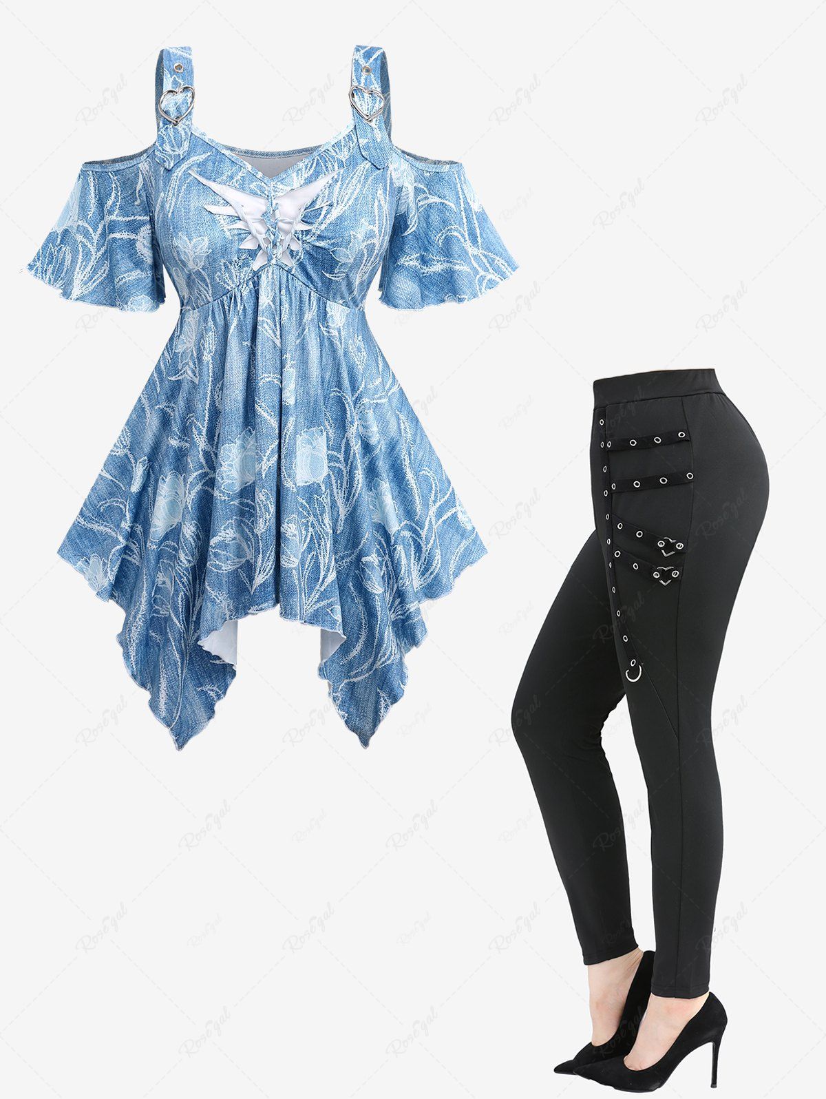 Sale Ripped Braided Flower Print Asymmetric Ombre Top and Straps Grommet Skinny Leggings Plus Size Outfit  