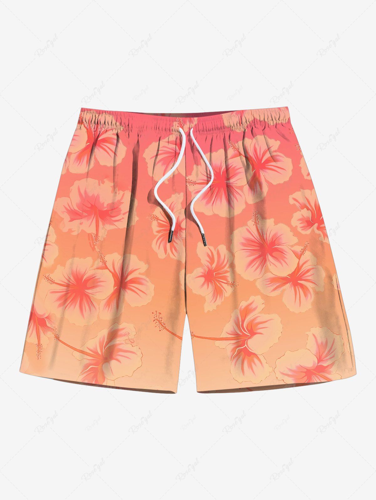 Sale Plus Size Ombre Floral Print Hawaii Drawstring Beach Shorts For Men  
