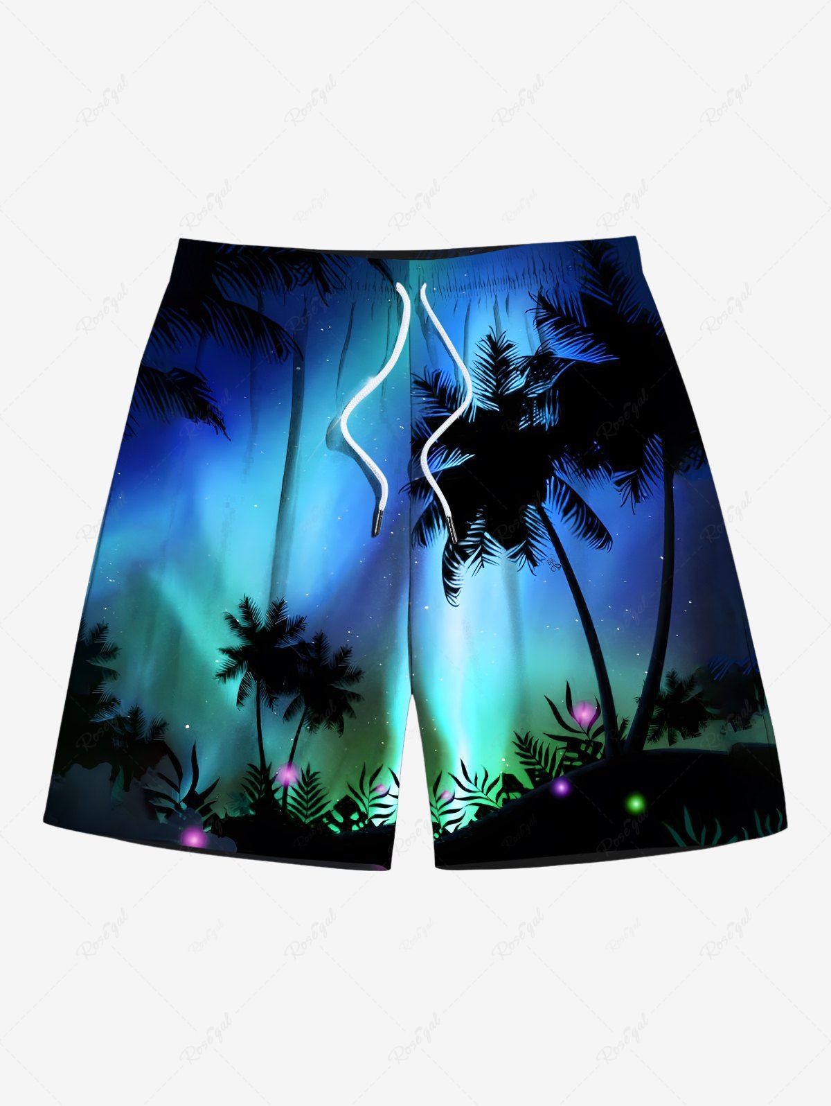 Fancy Plus Size Coconut Tree Ombre Aurora Galaxy Print Hawaii Drawstring Beach Shorts For Men  