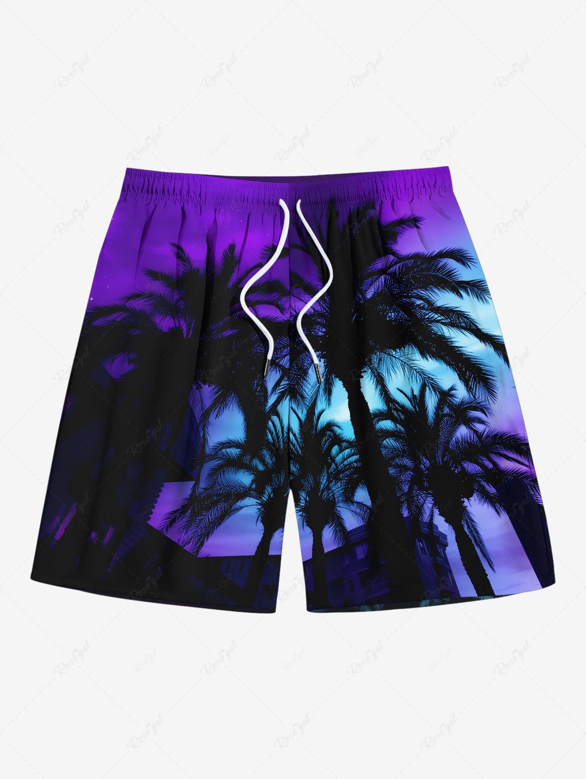 Unique Plus Size Coconut Tree Ombre Sky Print Hawaii Drawstring Beach Shorts For Men  
