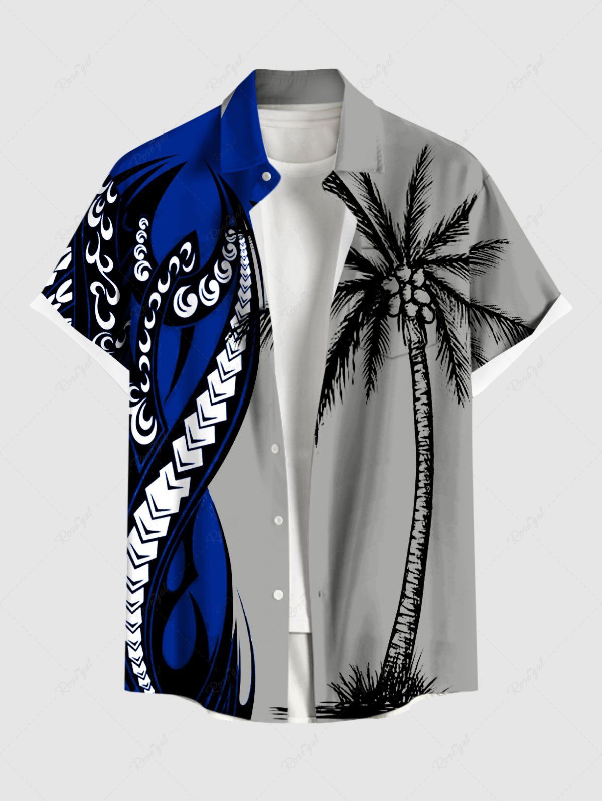 Outfit Plus Size Coconut Tree Octopus Colorblock Print Buttons Pocket Hawaii Shirt For Men  