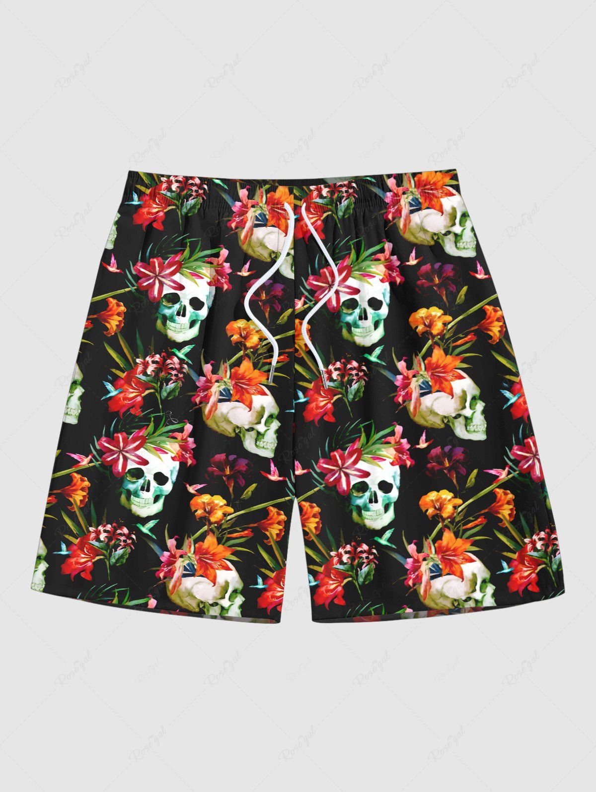 Affordable Plus Size Skulls Tropical Flowers Print Hawaii Beach Shorts For Men  