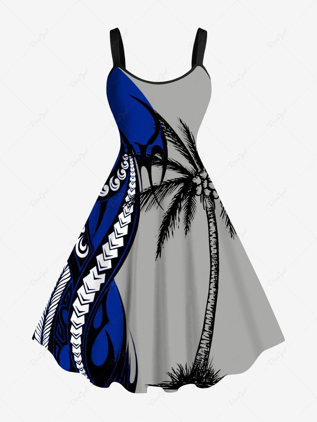 Best Plus Size Coconut Tree Octopus Colorblock Print Hawaii Tank Dress  