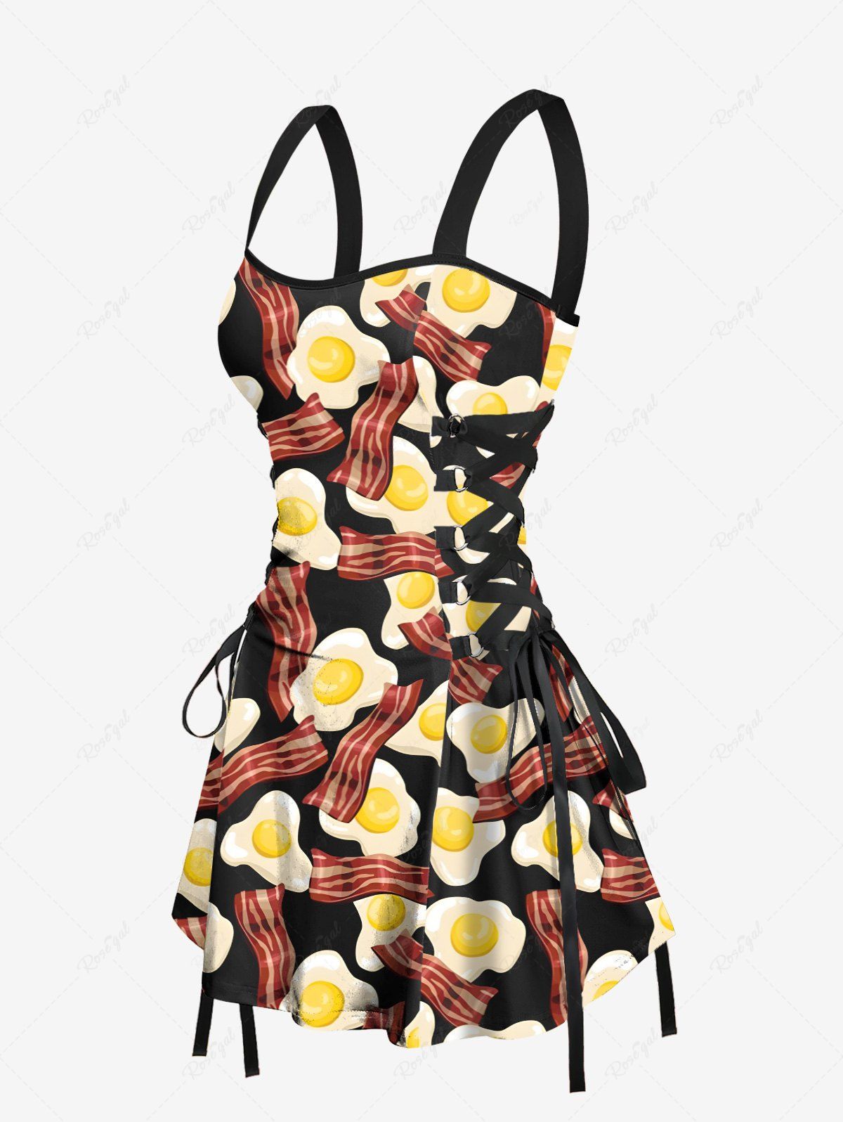 Cheap Bacon Fried Egg Print Lace Up Hawaii Tank Dress  