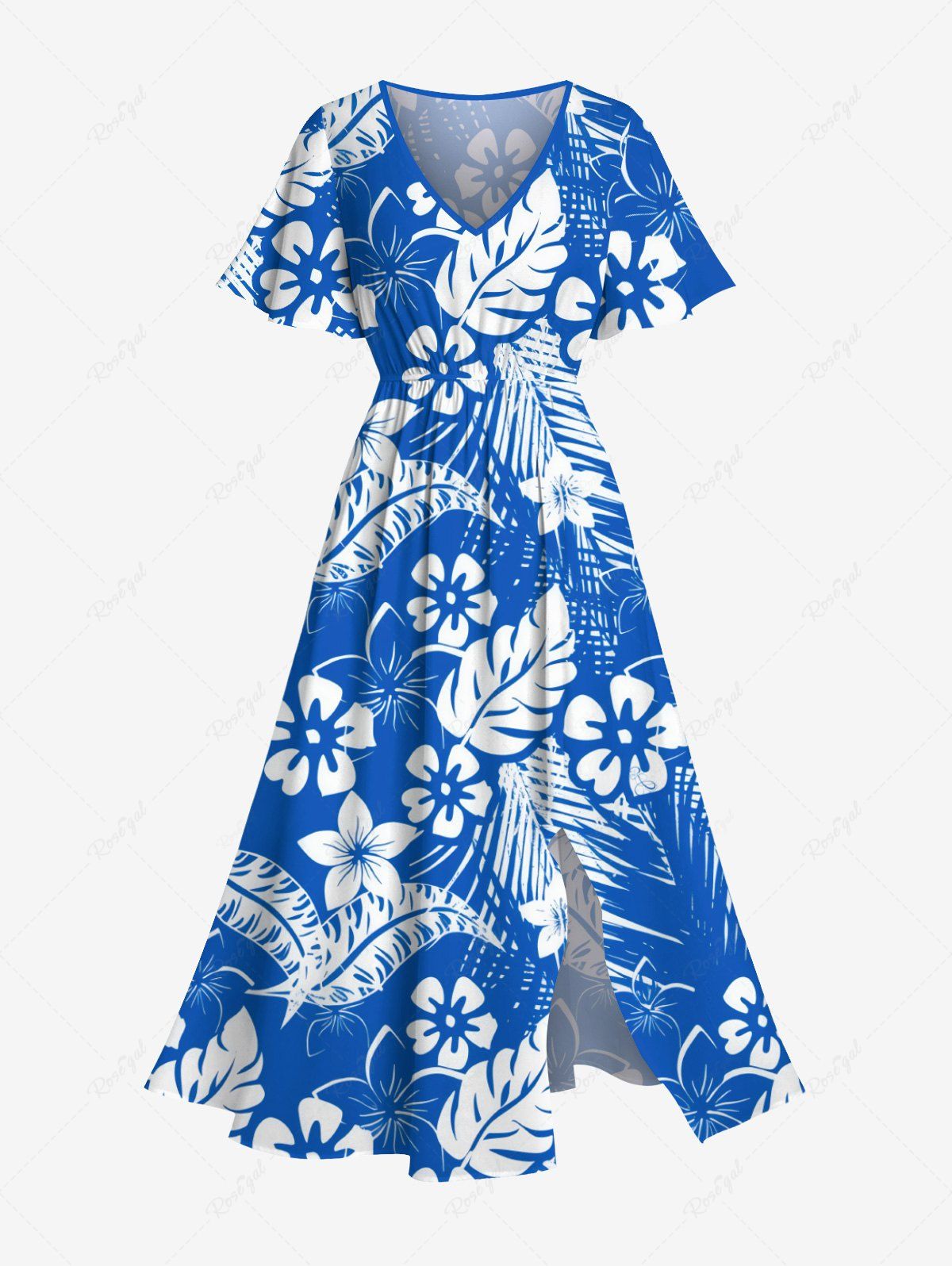 Shop Plus Size Tropical Flowers Leaf Print Split Hawaii Midi Dress  