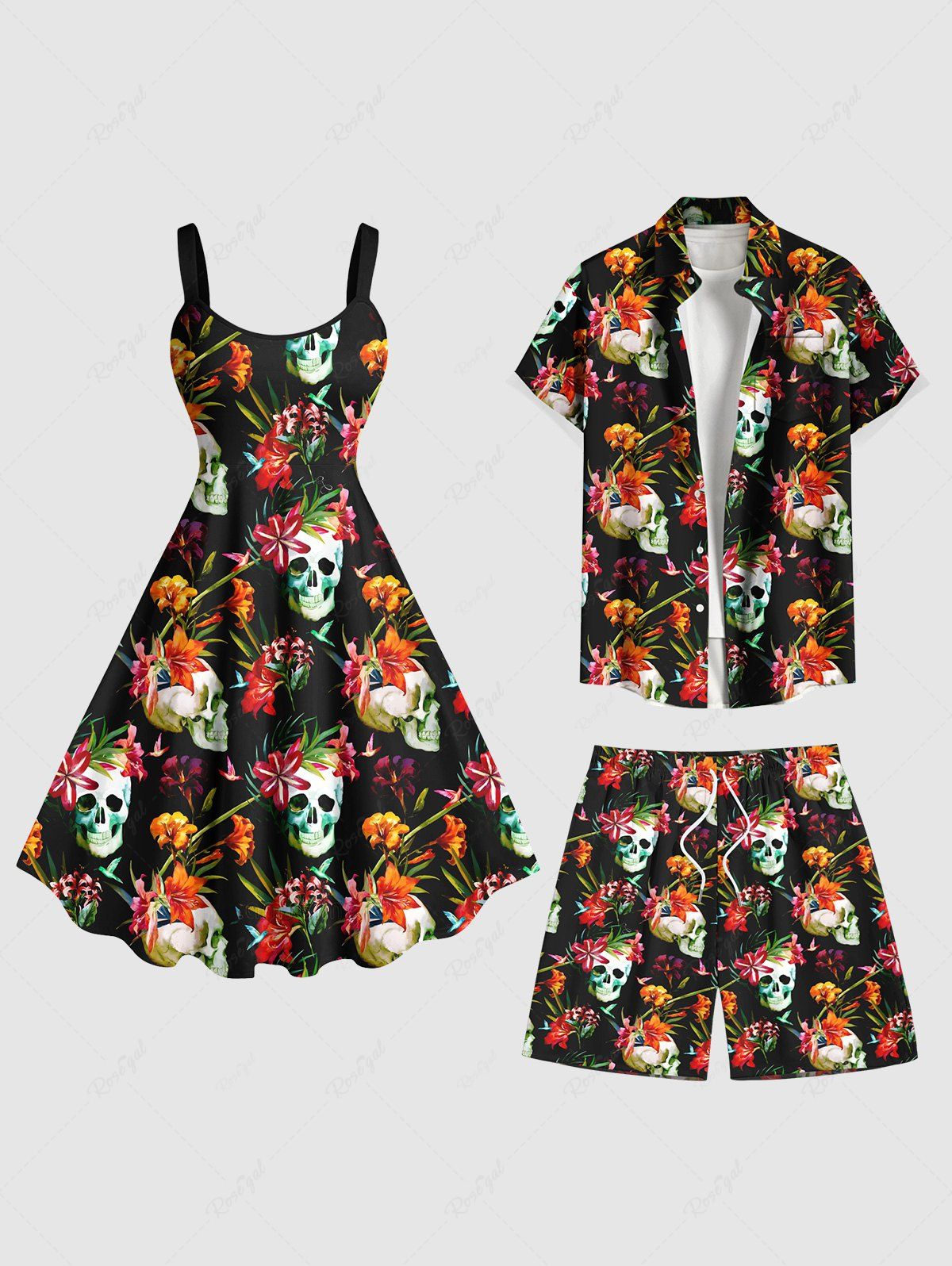 Buy Skulls Tropical Leaf Flowers Print Plus Size Matching Hawaii Beach Outfit For Couples  